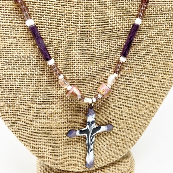 Purple ceramic cross pendant on beaded chain - Picture 1 of 8